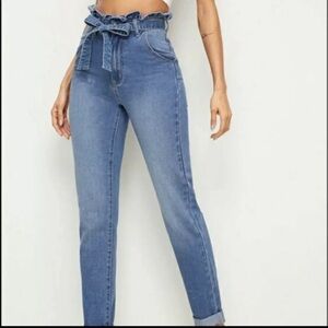 Ashley Mason Dark Wash Paper Bag Jeans Bow Tie Belt